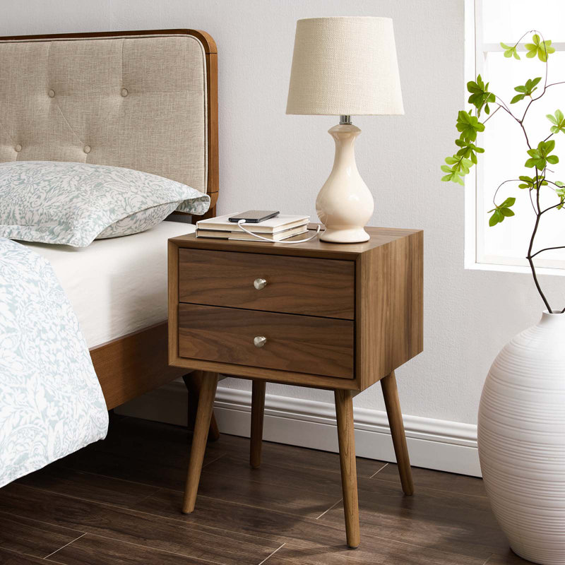 Modway Ember Wood Nightstand with USB Ports Walnut Walnut